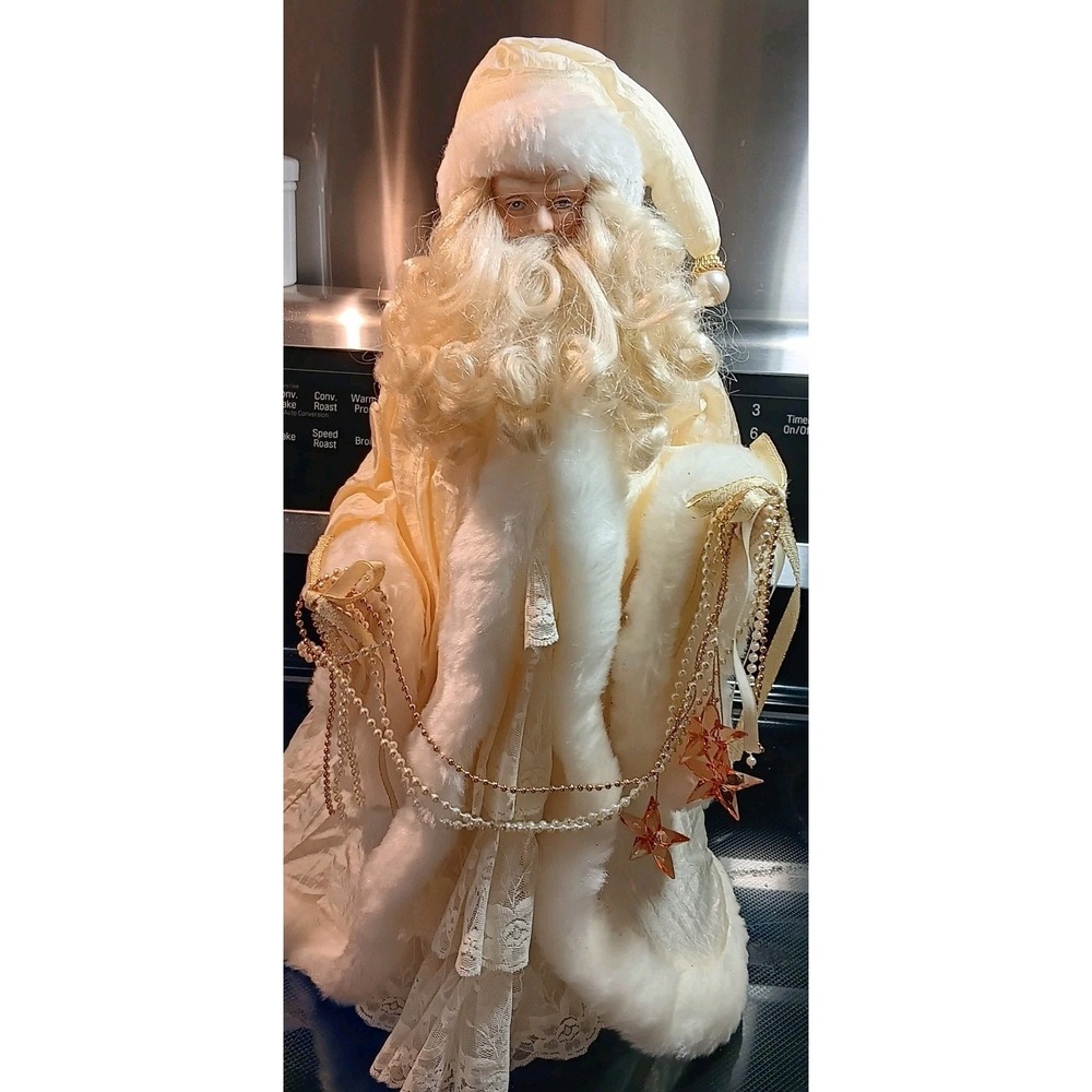 Dillard's Vtg Tree Topper Table Decor Old Christmas Santa White Cream Fabric EUC